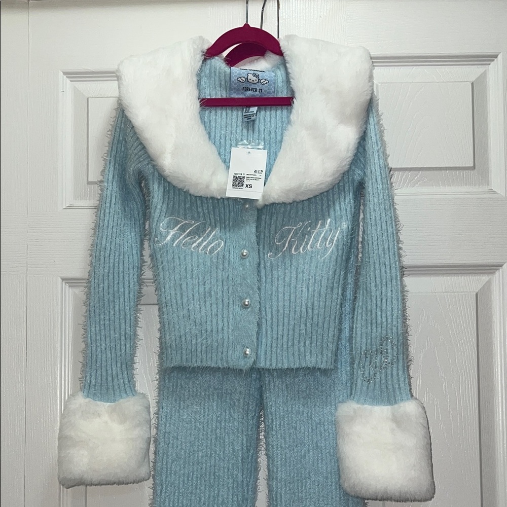 Hello Kitty Sky Blue and White Fuzzy Cardigan Set